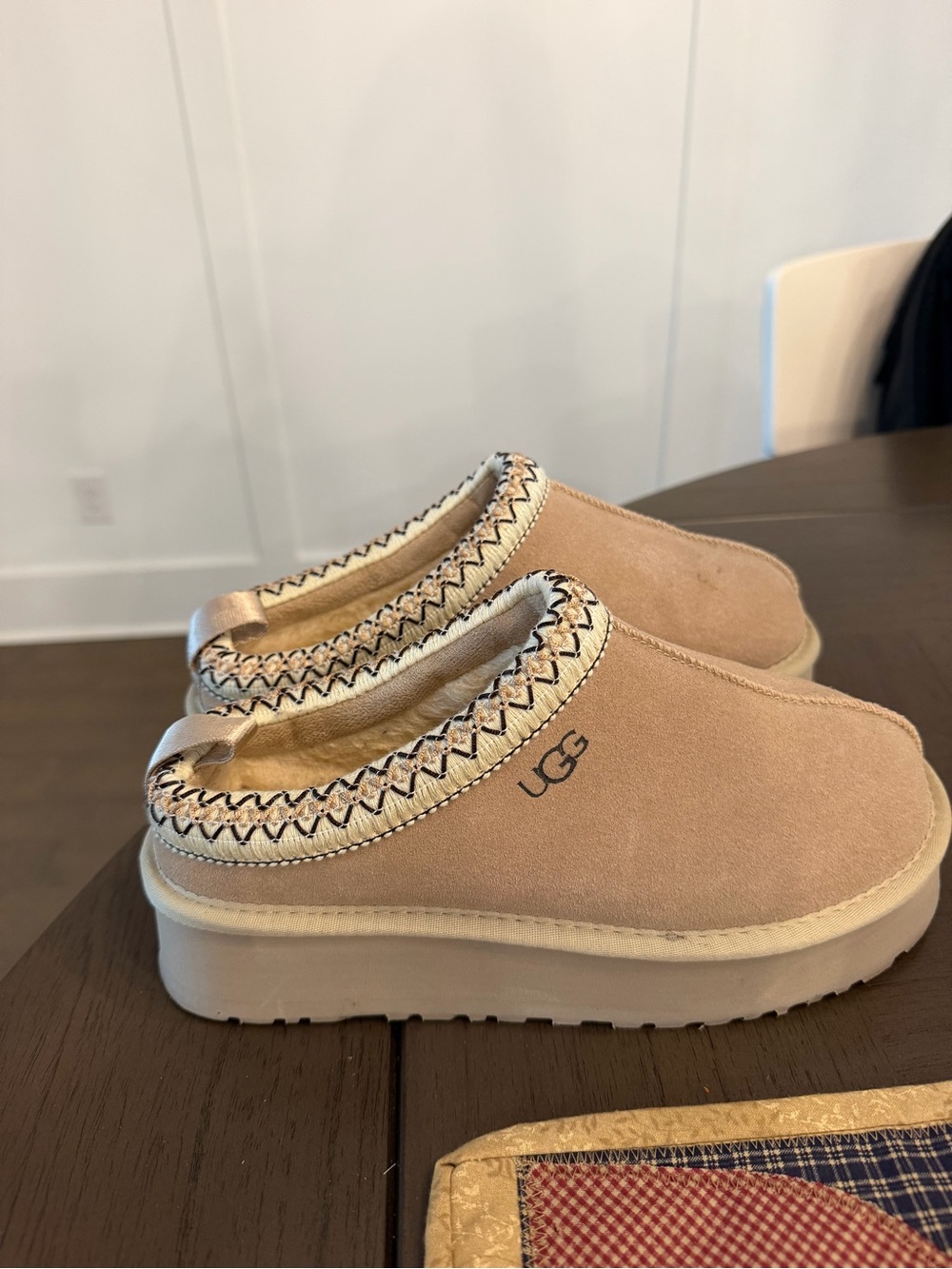 UGG Pink-Tan Suede Platform Clog Mules